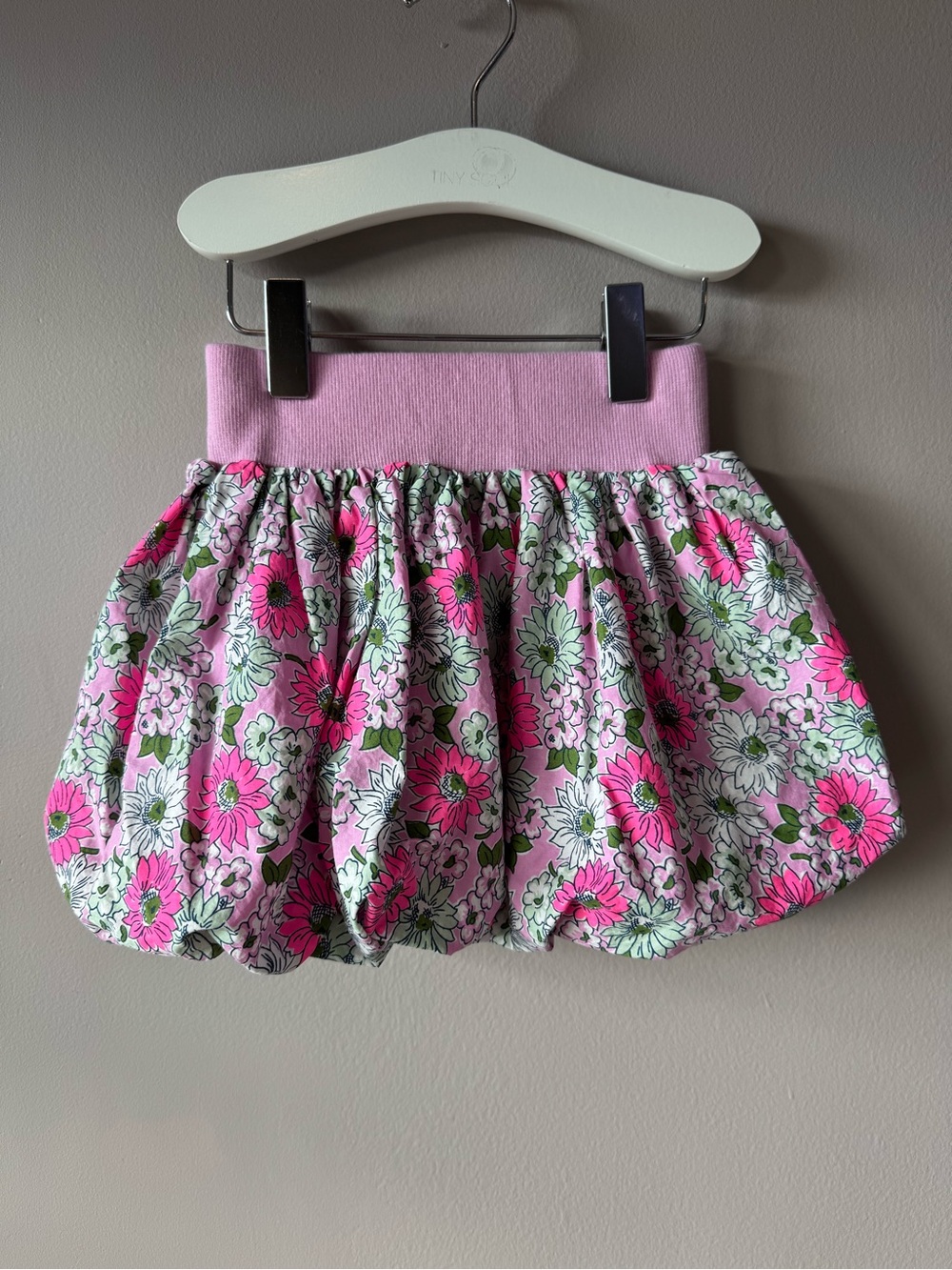 Mini Boden Girls Pink Purple Flower Pattern Bubble Hem Skirt Size 2-3 Years